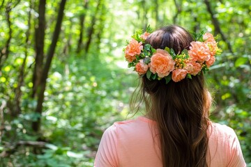 Naklejka premium Young caucasian female with floral wreath in lush forest setting