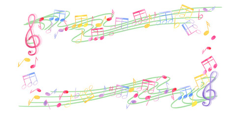 Musical wave. Notes and treble clefs on swirly music staff. Horizontal frame with empty space for text. International Music Day. Watercolor illustration isolated on white background. For greeting