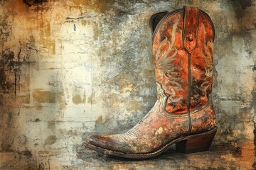 Ornate cowboy boot sits against a textured vintage background