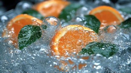 Refreshing orange slices in iced water, bubbles, close-up, drink advertisement