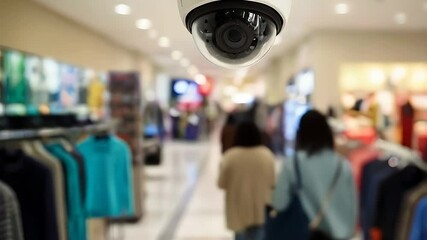 CCTV Security Camera Focus in Blurry Shopping Department Store: Shoppers Picking Clothes in the Background