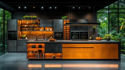 Modern kitchen island, dark gray and orange cabinets, showcasing luxury, with a lush garden view