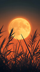 The full moon sets behind the tall grass, the orange sky is darkening

