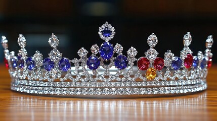 A silver tiara adorned with colorful gems and diamonds rests on a wooden surface.