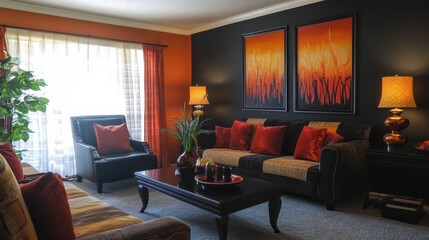 Living room showcases black accent wall and orange color scheme
