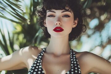 Young caucasian female with red lips in polka dot dress under palm trees