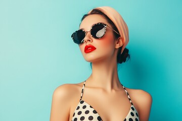 Stylish young caucasian female in polka dot bikini with sunglasses against blue background