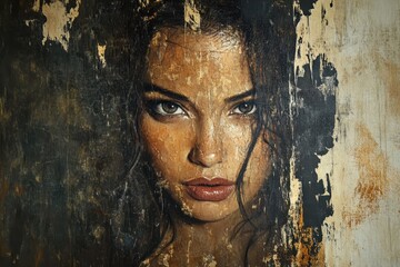 Dramatic portrait of a woman with intense stare in painting