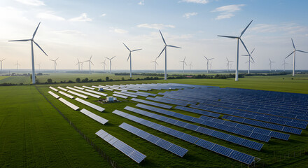 A solar farm located in a lush green field, with wind turbines in the distance.