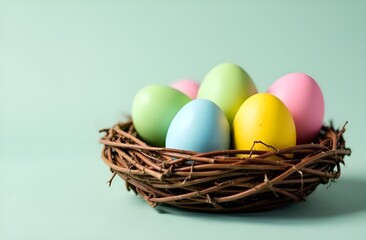 Easter colored eggs in nest close up. Copy space. Easter card. 