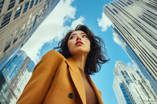Young asian female in urban setting with skyscrapers and blue sky