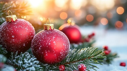 Fototapeta premium Snowy Christmas ornaments on pine, winter sunset