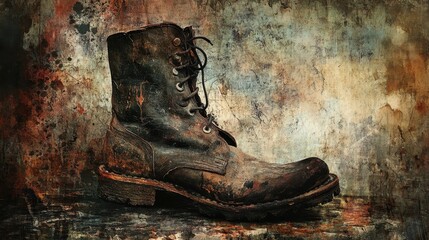 Single old worn leather work boot with laces visible