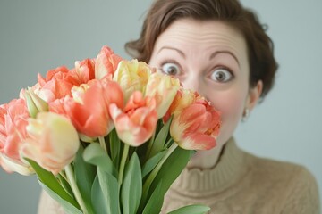 Fototapeta premium Excited young caucasian woman holding colorful tulips in springtime joy