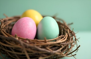 Obraz premium Easter eggs in nest close up.