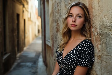 Naklejka premium Young caucasian female in polka dot dress posing in narrow alley