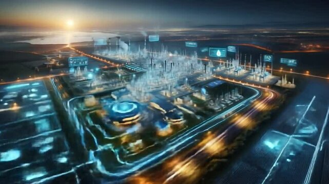 High tech industrial control center displaying networked data streams, augmented reality interfaces revealing facility operations through dynamic visual monitoring perspectives