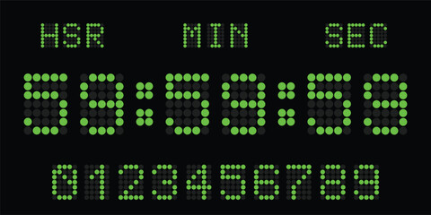 Fototapeta premium Set of green led digital clock number with circular isolated on black background. electronic figures for counter or calculator mockup interface design.