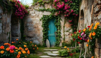 Fototapeta premium Charming Stone Cottage Entrance with Vibrant Floral Display