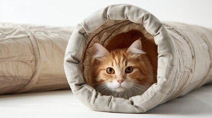 A crinkly tunnel toy for cats in a neutral color. The lightweight fabric collapses easily for storage.