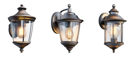 Illuminated outdoor wall lantern isolated on white or transparent PNG