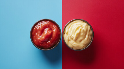 Ketchup and mayonnaise face to face to each other on different sides, blue and red design background.