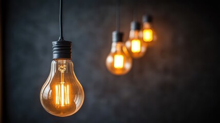 Four incandescent light bulbs hang against a dark textured background