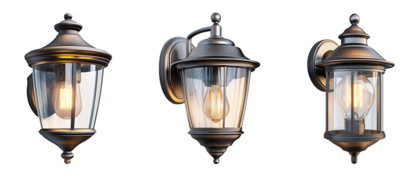 Illuminated outdoor wall lantern isolated on white or transparent PNG