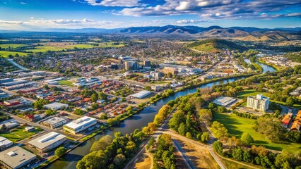 Fototapeta premium Albury NSW Aerial Drone Shot: City Outline Map & Surrounding Landscape