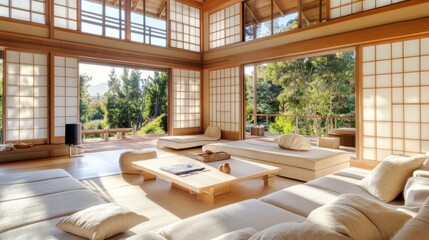 Fototapeta premium Elegant japanese style living room with natural light shining through