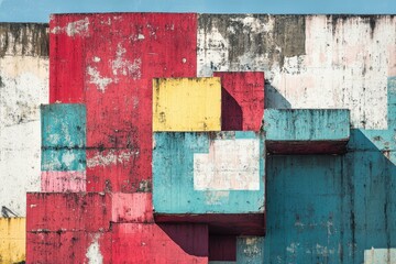 Colorful concrete blocks forming abstract architectural wall design