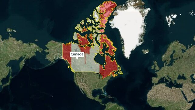 Canada map animation with Canada flag highlighted border color, 3d Animated map of Canada, Canada maps zooming from top Space view, World Map Zoom In To Canada, Detailed map Canada