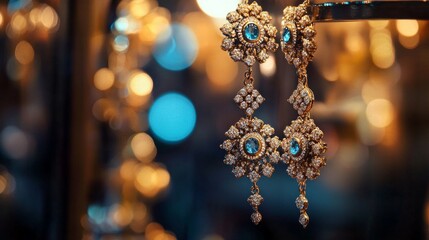 Exquisite diamond and sapphire earrings with intricate gold detailing in elegant display