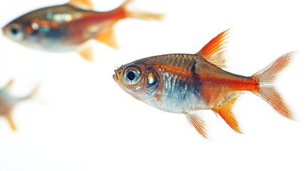 Fototapeta premium Sparkling Harlequin Rasboras swimming, white background, aquarium