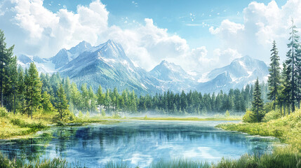 Fototapeta premium Watercolor style illustration of a beautiful mountain landscape panorama view with a lake, a forest and a meadow.
