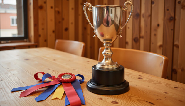 Shiny trophy and colorful ribbons on wooden table, recognition award