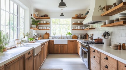Fototapeta premium Bright well organized modern kitchen with wooden cabinets and shelves