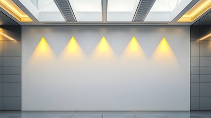 A trapezoidal white wall lit by four golden-yellow spotlights in a modern gallery with glossy grey tiles and frosted skylights.