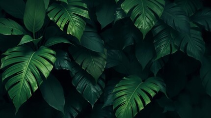 Moody Tropical Jungle: A Digital Painting of Lush Leaves in Dark Inky Greens with Dynamic Movement and Textural Depth