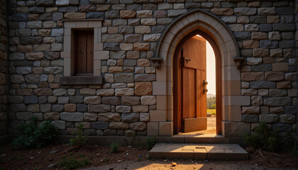 Glowing puzzle door reveals ancient stone wall, mystery and adventure