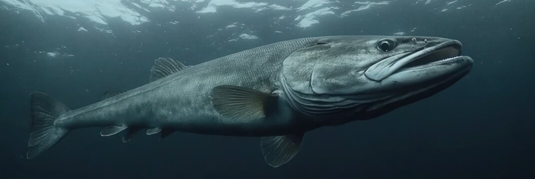 Deep ocean Patagonian toothfish swims, light above, documentary use