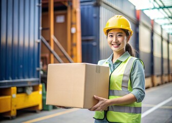A female transportation, logistics, courier, courier, distribution, delivery, courier worker holding cardboard box