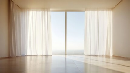 Fototapeta premium Bright room with curtains and sliding doors showcasing outside view