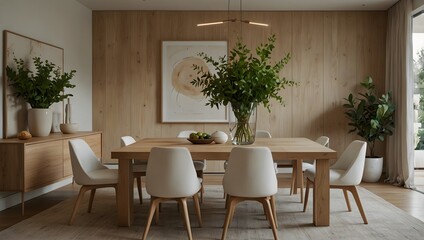  Dining area with light wood table, white chairs, and natural light