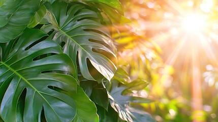 Green monstera leaves on green sunny tropical jungle background, organic summer background