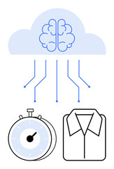 Brain within a cloud connected to circuits, stopwatch, and shirt for efficiency, automation, and innovation. Ideal for AI, cloud computing, time management, productivity data flow smart tech