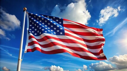Obraz premium American Flag Waving Proudly Under a Vivid Blue Sky - Perfect Patriotic Background