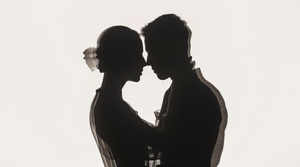 A delicate silhouette of a couple embracing, their figures outlined in soft contours. The isolated white background creates a modern, minimalist feel that emphasizes their connection.