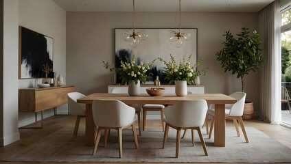 Fototapeta premium Light-filled dining room with natural wood table, white chairs, and minimalist decor