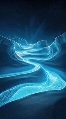 Abstract blue river flows through layered surreal landscape art